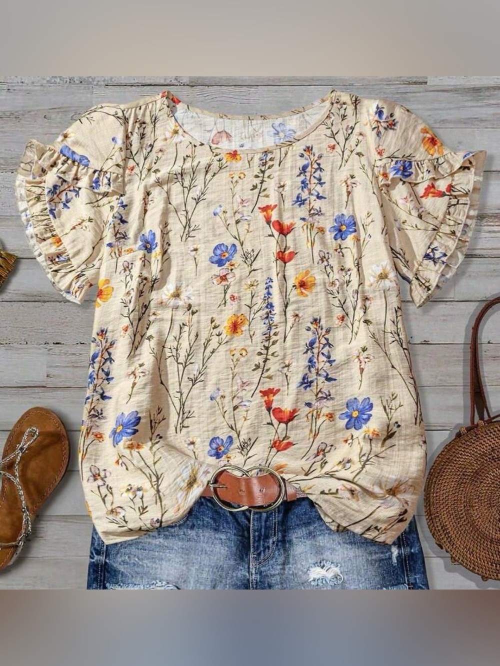 Linhara Women’s  Beige Boho Print Frill Trim Short Sleeve Casual Blouse